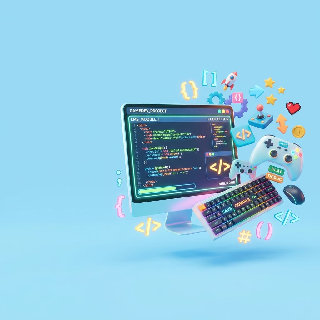 LMS Coding and Gaming 3D Objects on Light Blue Background